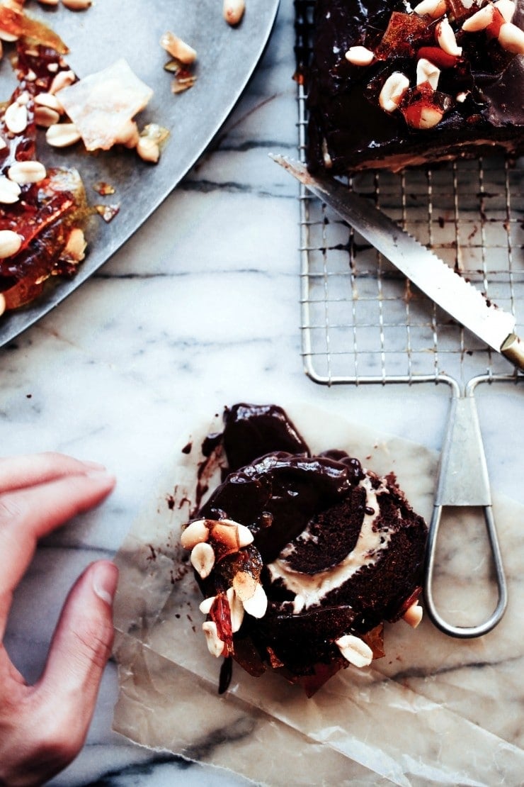 Slice of Chocolate Peanut Butter Swiss Roll Cake