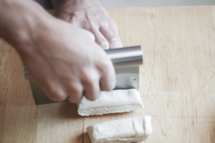 Cutting soft pretzel dough