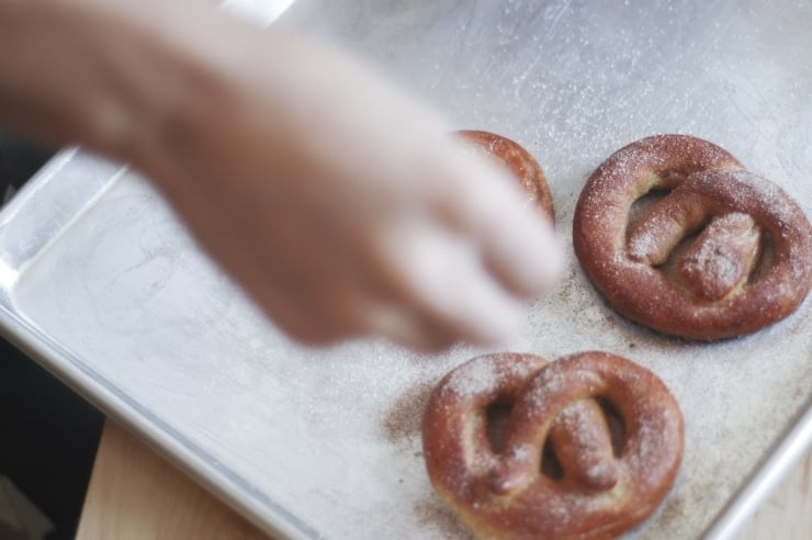 Cinnamon sugar on buttery soft pretzels