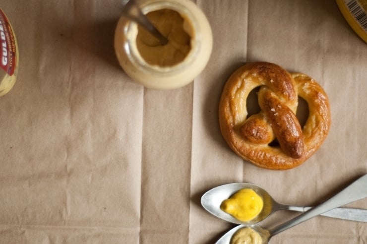 Homemade Soft Pretzel and Yellow and Brown Mustard
