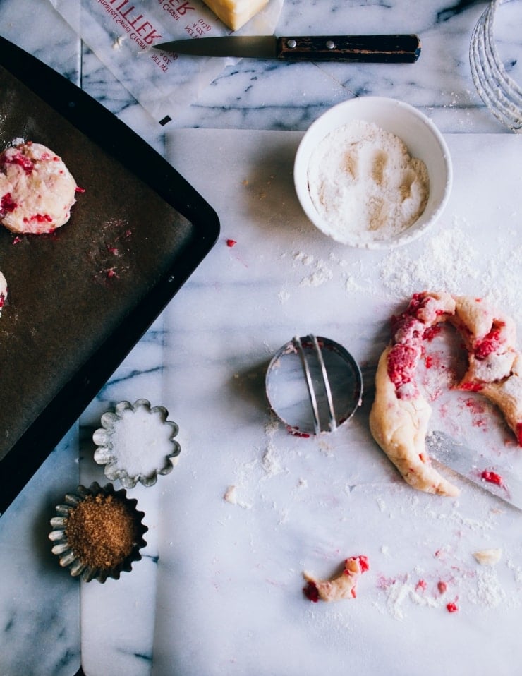 Cutting out raspberry scone dough