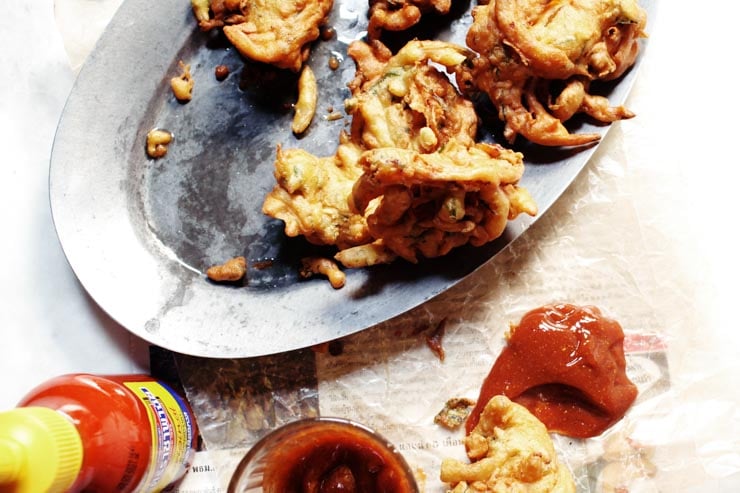 Pakoras on Platter with chutney from sophisticatedgourmet.com