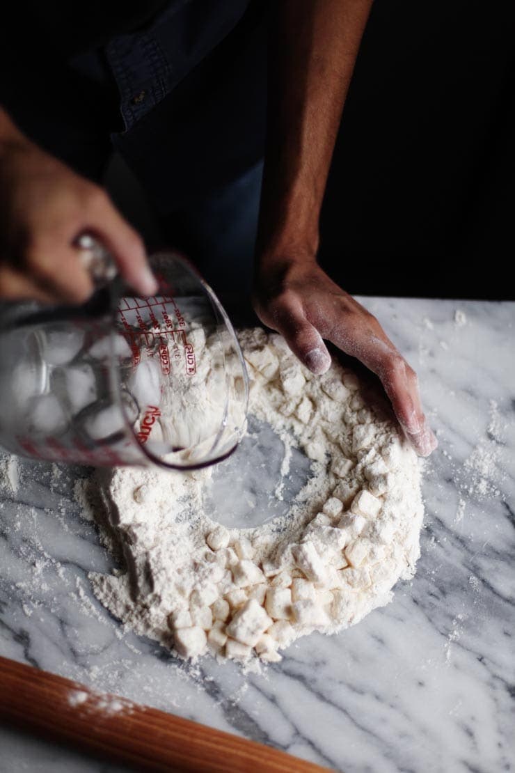 Ice water, french butter, and flour well for making quick puff pastry