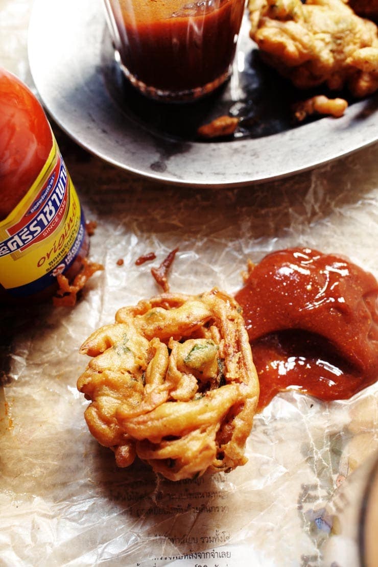 Pakora with chutney and sriracha sauce from sophisticatedgourmet.com